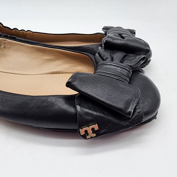 Tory Burch Divine Driver Bow Ballet Flats Black Leather Slip-on Shoes 7.5M - Picture 3 of 7